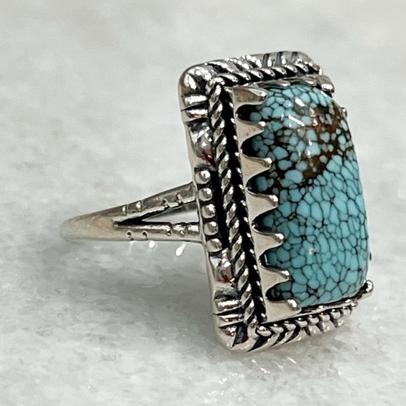 Blue Moon Turquoise Black Oxidized Sterling Silver Rectangular BOHO Ring Sz 7 - Picture 5 of 10